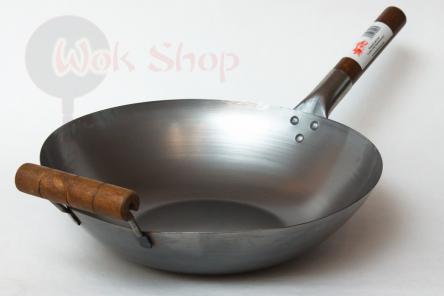 London Wok 35 cm z płaskim dnem i dwoma drewnianymi uchwytami (London Wok)