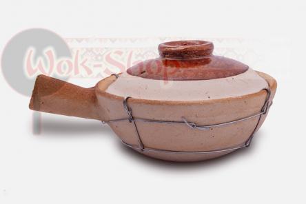 Chiński gliniany garnek Shago o średnicy 16 cm z drucianym oplotem, z jednym uchwytem i pokrywką (Shago, Claypot, Suna nabe, sandpot, piaskowy garnek)